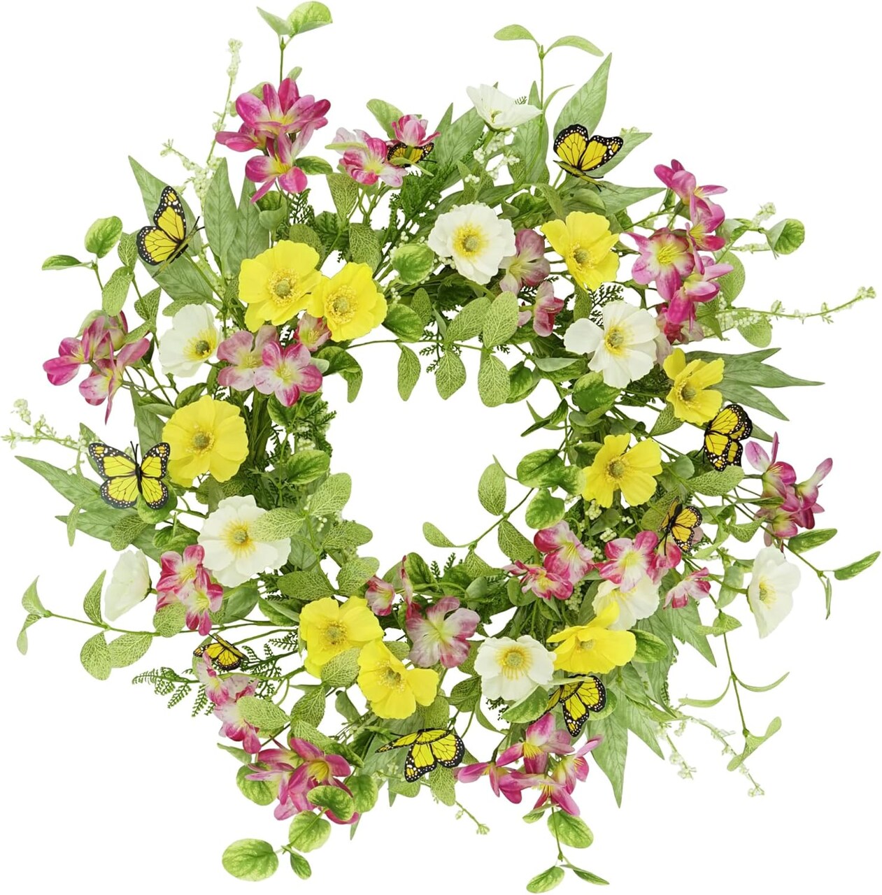 18-Inch Spring Summer Wreath for Front Door – Artificial Daisies, Eucalyptus & Butterflies, Green Foliage Wreath for Wall, Window, Farmhouse & Holiday Home Decor